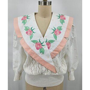 Vtg Deadstock Sideffects Pullover Sweater Womens M Roses V Neck White